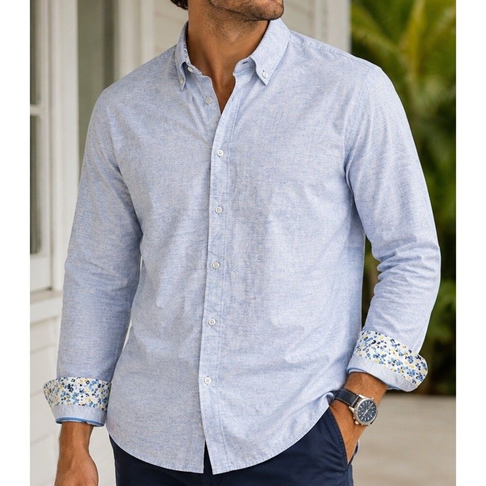 Cactus Man Floral Flip Cuff Button Up Melange Mens M Blue Long Sleeve New